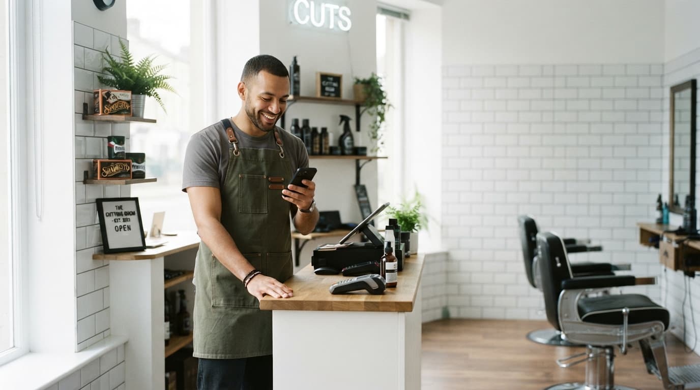 A barbershop owner smiling at a new booking on his phone behind the counter of his shop